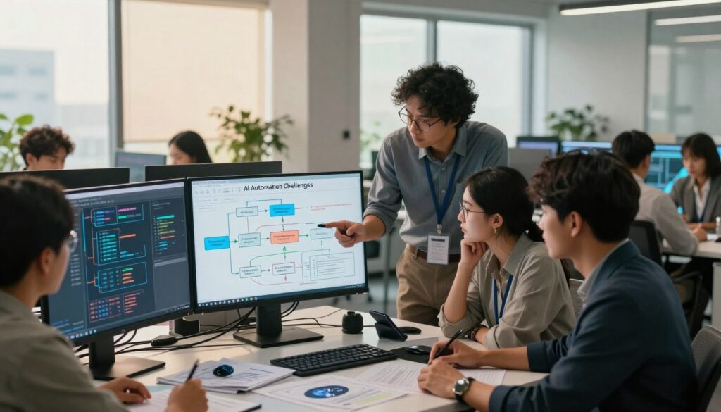 A bustling modern office environment, depicting the theme of "AI Automation Challenges." In the foreground, a diverse group of professionals—two men and one woman—are intently discussing a complex flowchart on a digital screen, representing obstacles like data privacy and integration issues. The middle ground features a large, cluttered table filled with AI-related gadgets and reports, hinting at the challenges in implementing automation. In the background, large windows let in soft, natural light, creating a bright and open atmosphere. The overall mood is tense yet focused, with a cinematic angle that emphasizes the collaboration and urgency of navigating these challenges. The scene is illuminated by warm, diffused lighting enhancing the professional setting without any distractions or text elements.