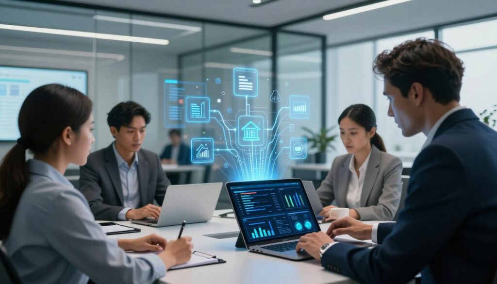 A modern office environment showcasing AI automation for business evaluation. In the foreground, a diverse group of professionals in business attire collaborate around a large digital tablet displaying AI analytics and data charts. The middle ground features a sleek workstation with a laptop, algorithms visualized as glowing lines connecting to various icons representing business metrics. The background consists of a glass-walled conference room with futuristic AI elements, such as a digital whiteboard and holographic displays. Soft, diffused lighting creates a productive atmosphere, while the angle captures both the teamwork and the tech sophistication. The mood is innovative and forward-thinking, emphasizing readiness for AI integration in business strategy.